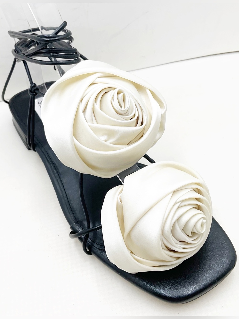 {Steve Madden} Rosalind Ivory Satin Rose Lace-Up Sandals - Picture 13 of 14